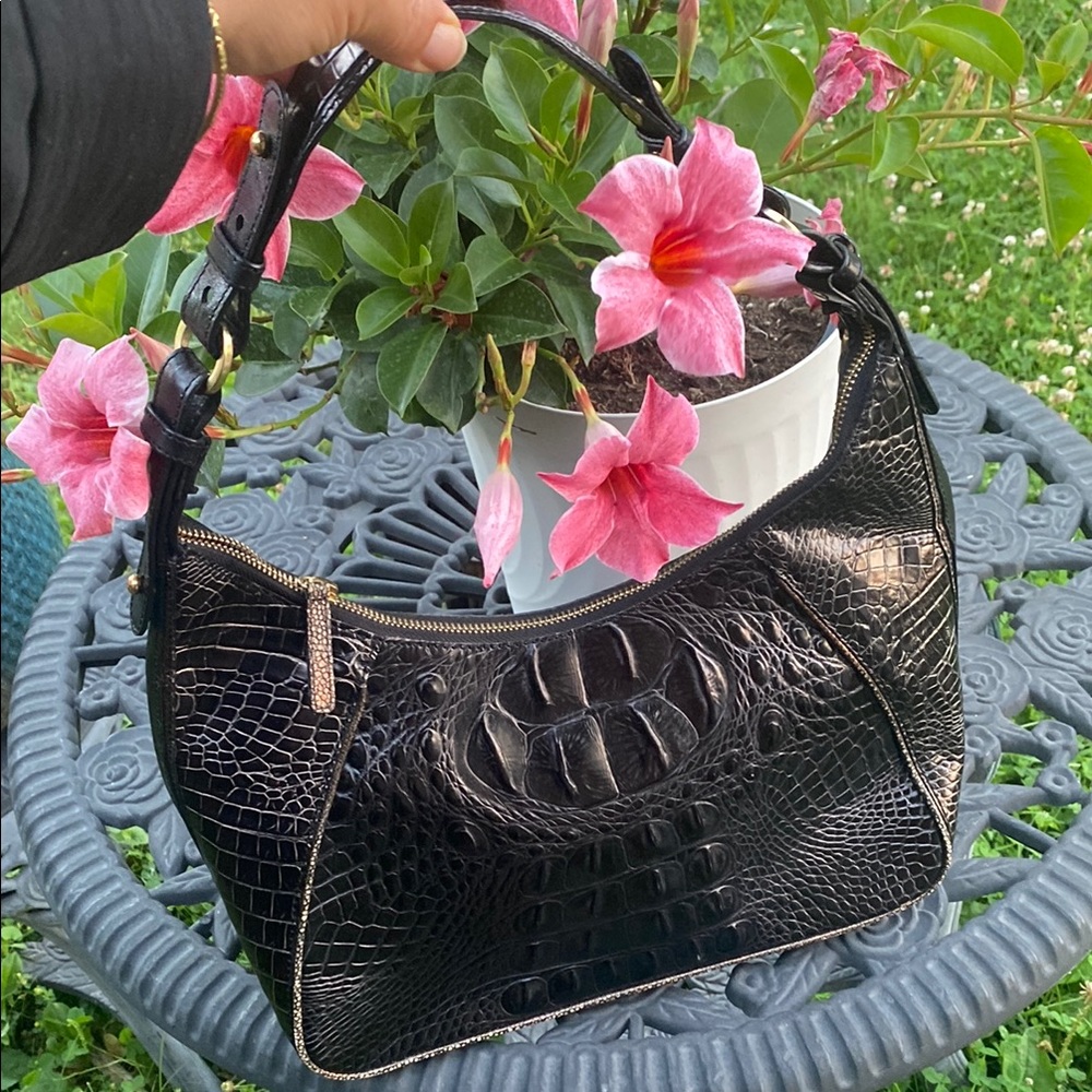 Brahmin Glossy Black Croc Shoulder Bag